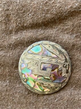 Round Abalone Inlay Metal Statement Brooch - Iridescent Shell